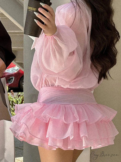 White Frilled Extended Sleeve Mini Gown Pink / S minidress-250223