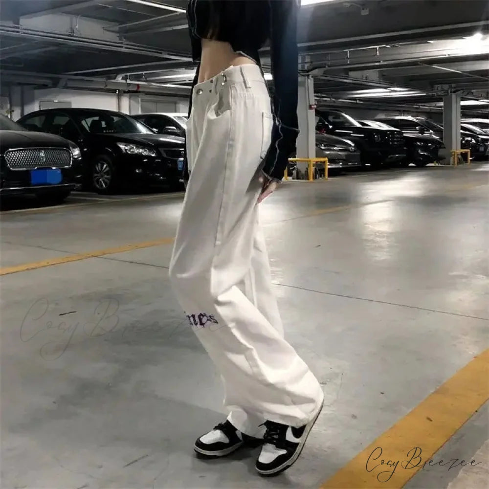 White High Waist Streetwear Pants pants-241228
