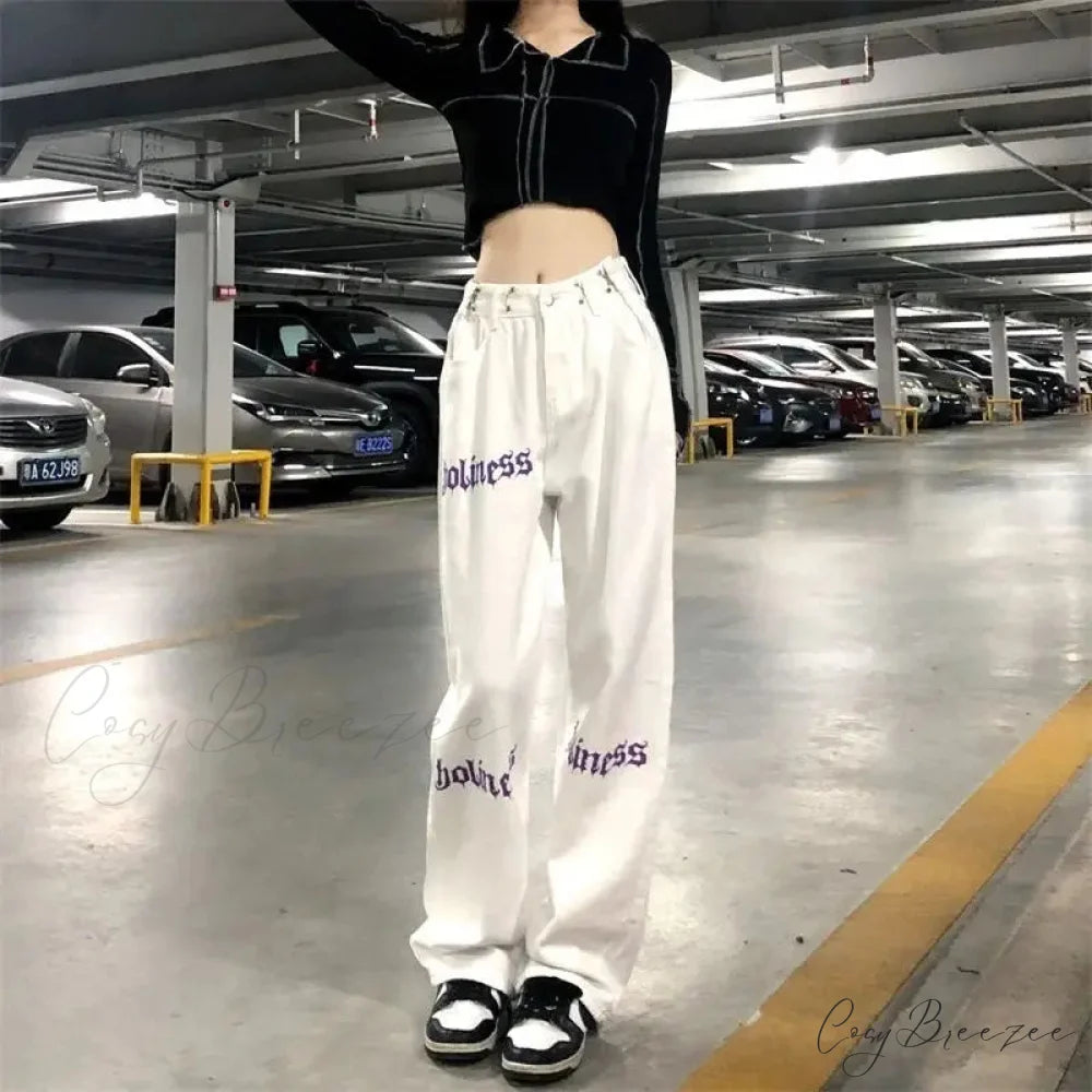 White High Waist Streetwear Pants pants-241228