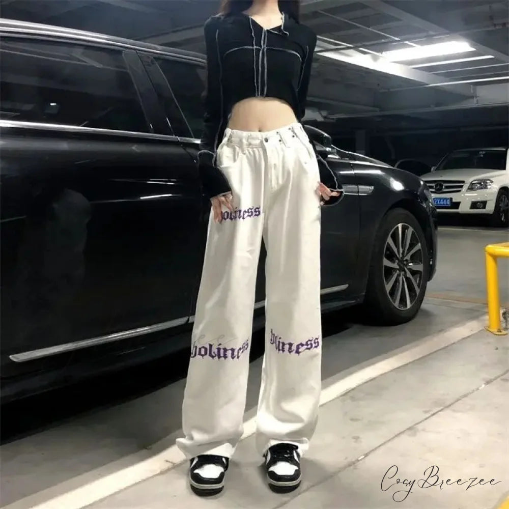 White High Waist Streetwear Pants pants-241228