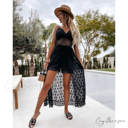 White Hollow Out Lace Strapless Alluring Split Midi Boho Dress Black / XS bohodress-250126