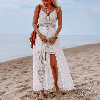 White Hollow Out Lace Strapless Alluring Split Midi Boho Dress bohodress-250126