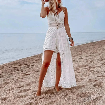 White Hollow Out Lace Strapless Alluring Split Midi Boho Dress bohodress-250126
