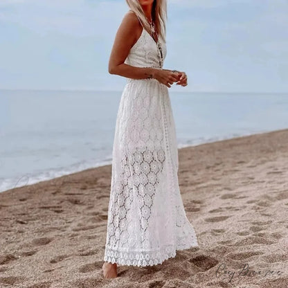 White Hollow Out Lace Strapless Alluring Split Midi Boho Dress bohodress-250126
