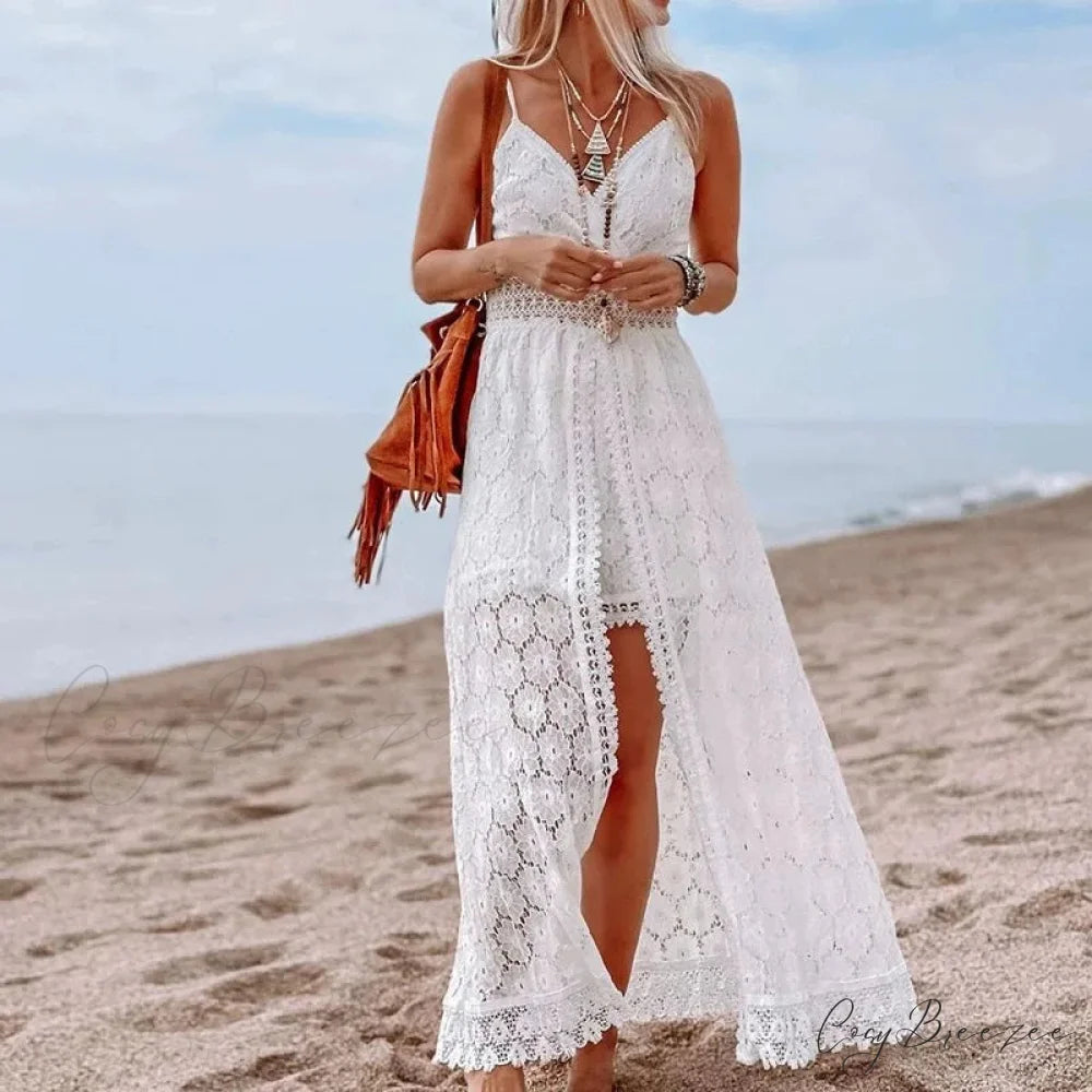 White Hollow Out Lace Strapless Alluring Split Midi Boho Dress White / XS bohodress-250126