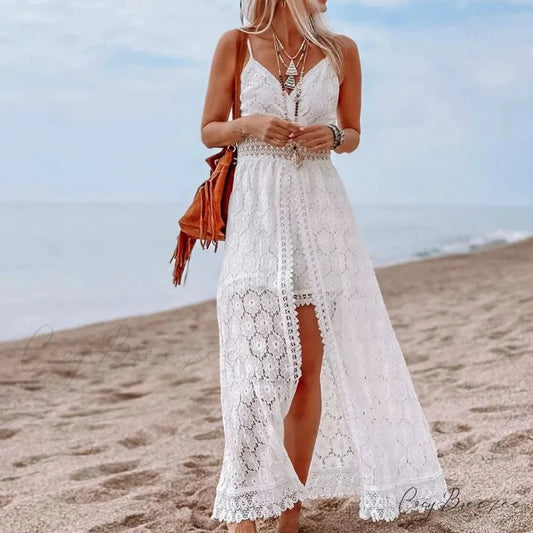 White Hollow Out Lace Strapless Alluring Split Midi Boho Dress White / XS bohodress-250126