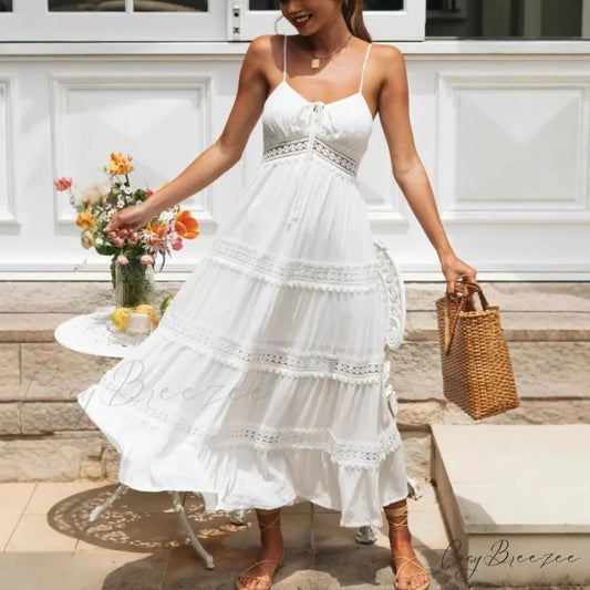 White Hollow Out Strapless Split Sleeveless Maxi Boho Dress bohodress-250126