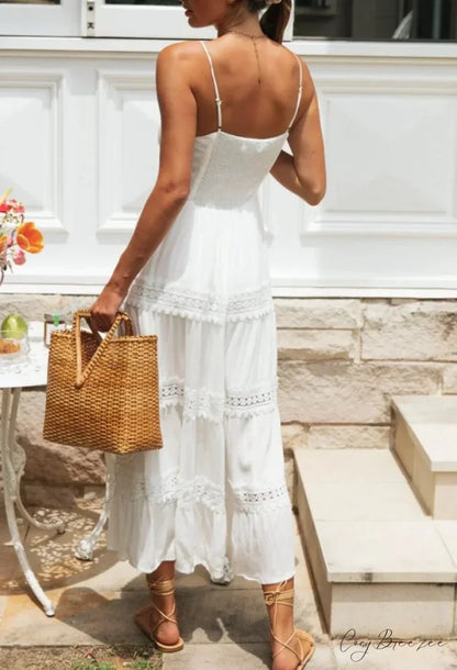 White Hollow Out Strapless Split Sleeveless Maxi Boho Dress bohodress-250126