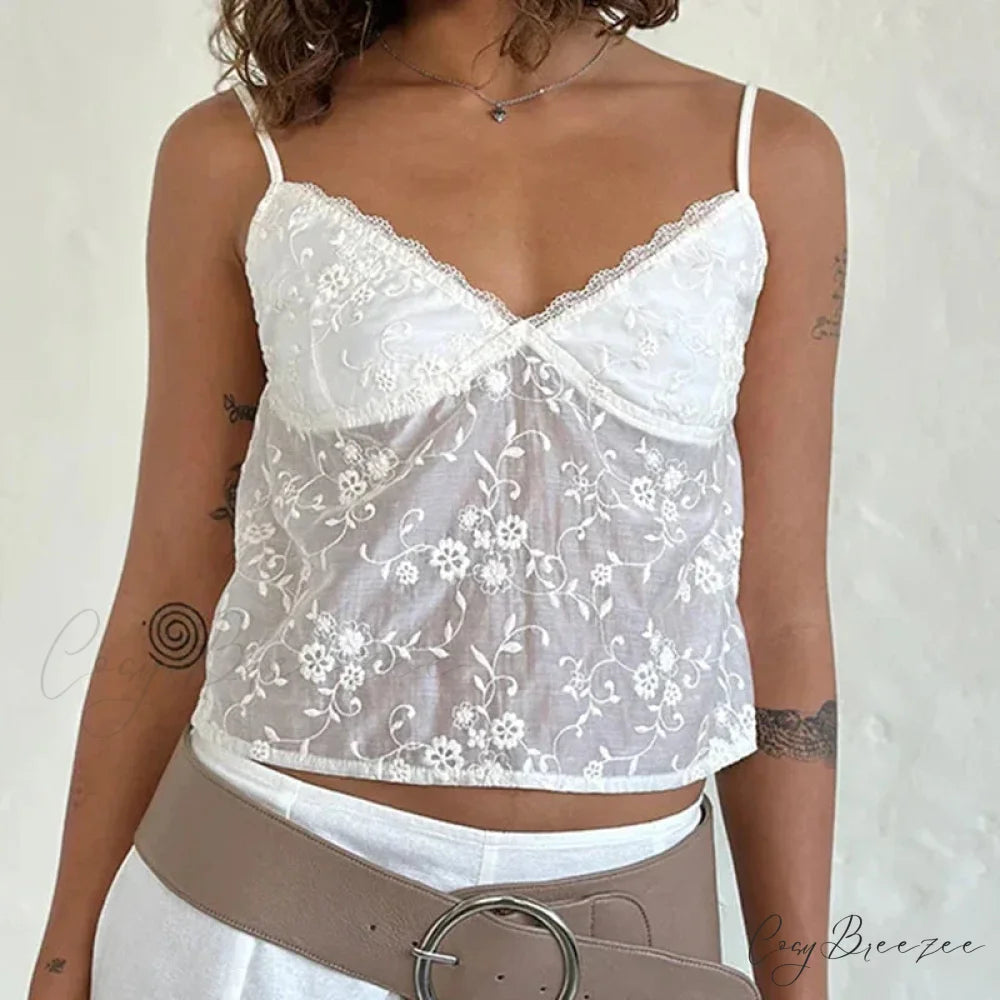 White Jacquard Floral Lace Trim V Neck Kawaii Fairycore 00s Y2K Camisole Crop Top croptop-250126