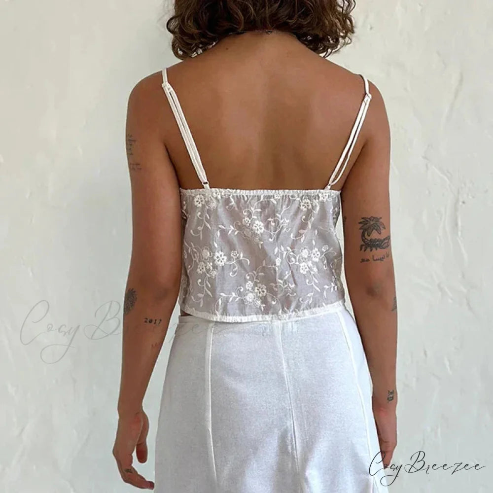 White Jacquard Floral Lace Trim V Neck Kawaii Fairycore 00s Y2K Camisole Crop Top croptop-250126