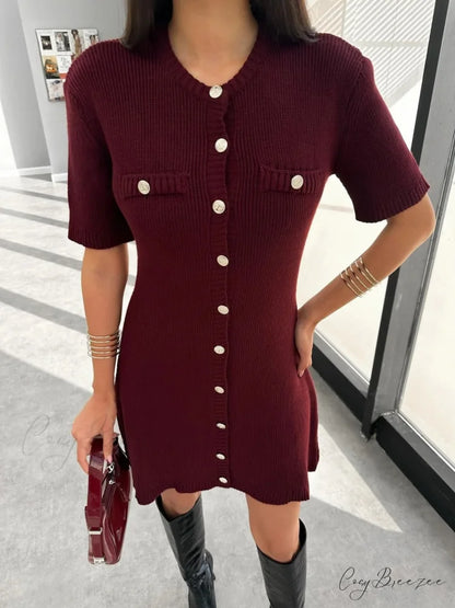 White Knit Pocket Mini Dress Burgundy / S minidress-250223