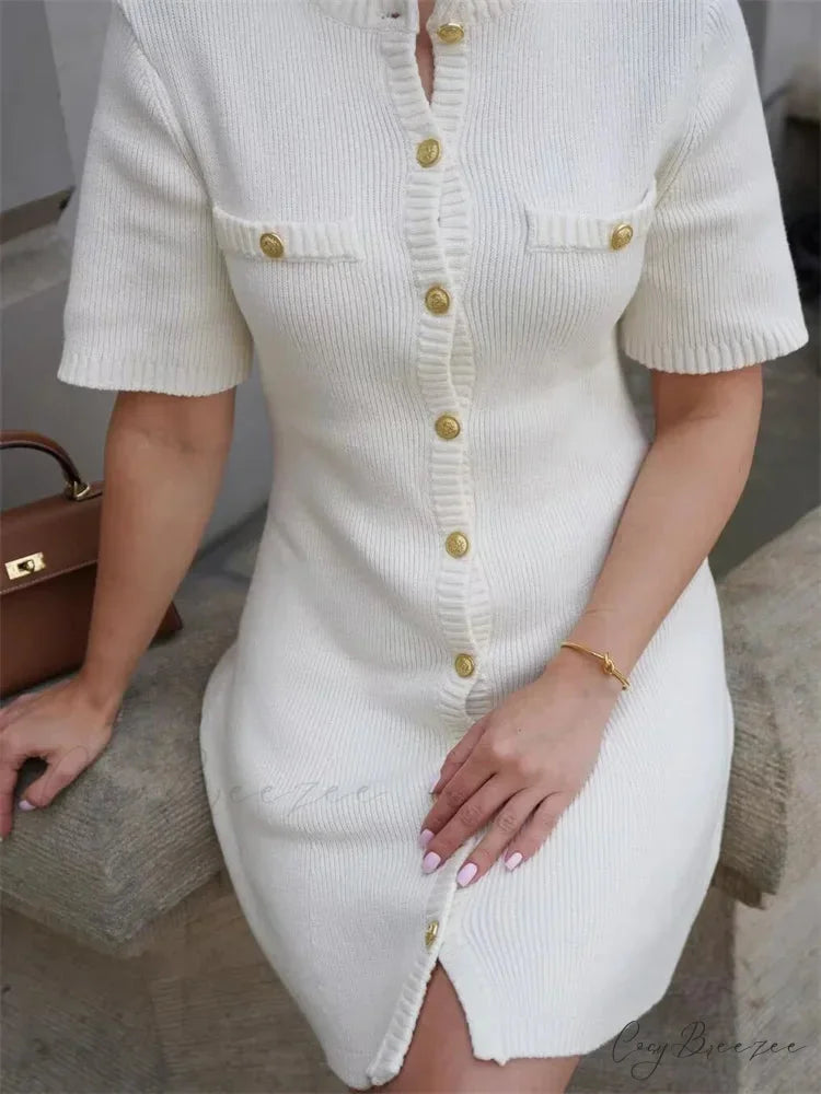 White Knit Pocket Mini Dress minidress-250223