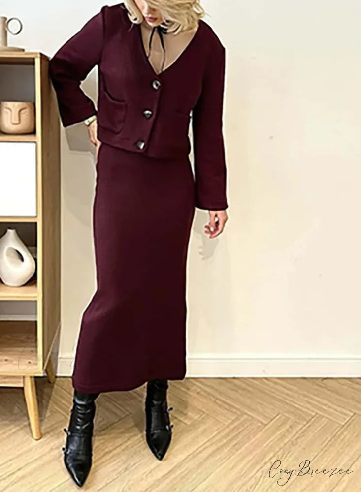 White Knitting V-Neck Slim Skirt Office Set Claret / S officetwopieceset-250223