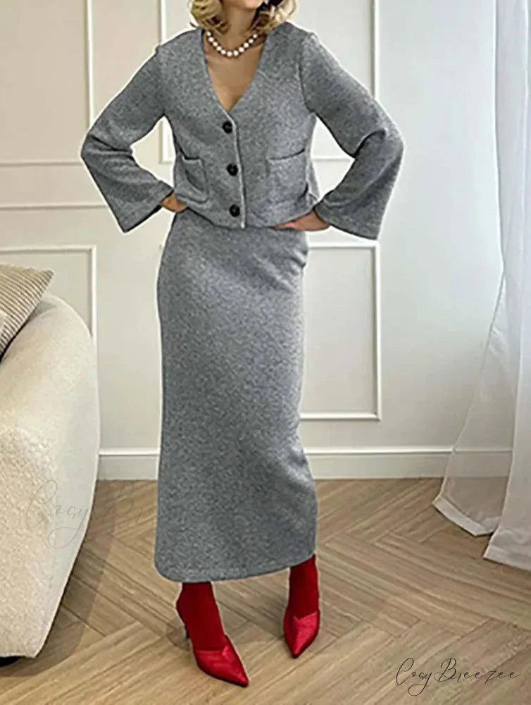 White Knitting V-Neck Slim Skirt Office Set GRAY / S officetwopieceset-250223