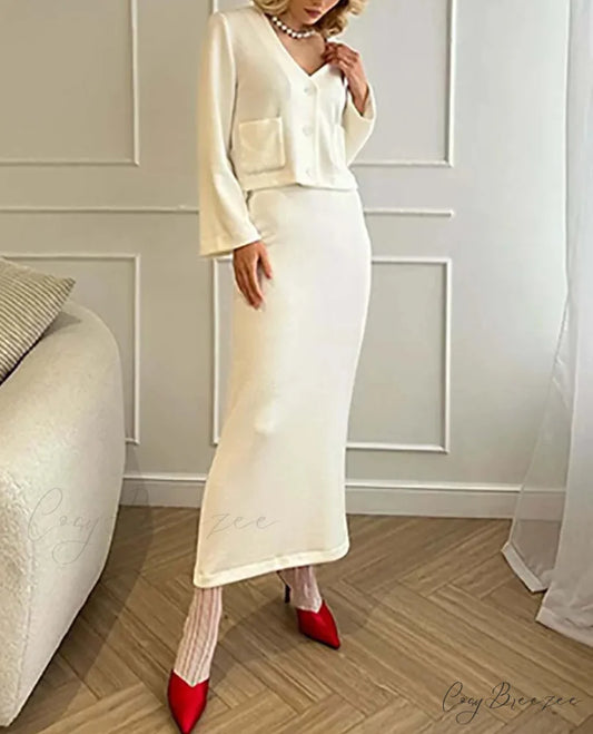 White Knitting V-Neck Slim Skirt Office Set WHITE / S officetwopieceset-250223
