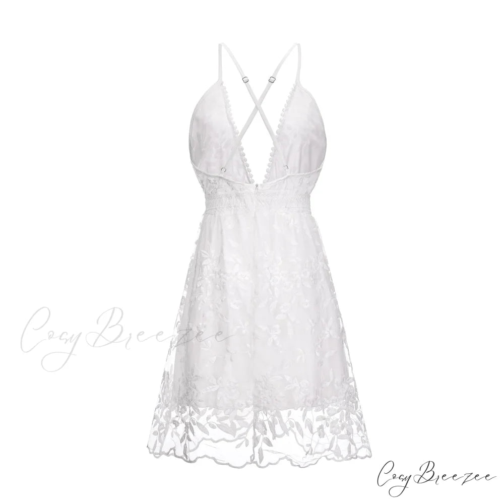 White Lace Backless V-neck Summer Beach Dress