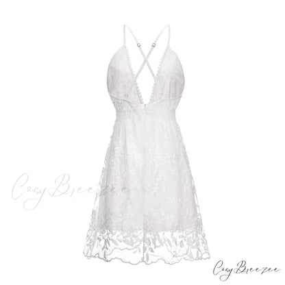 White Lace Backless V-neck Summer Beach Dress