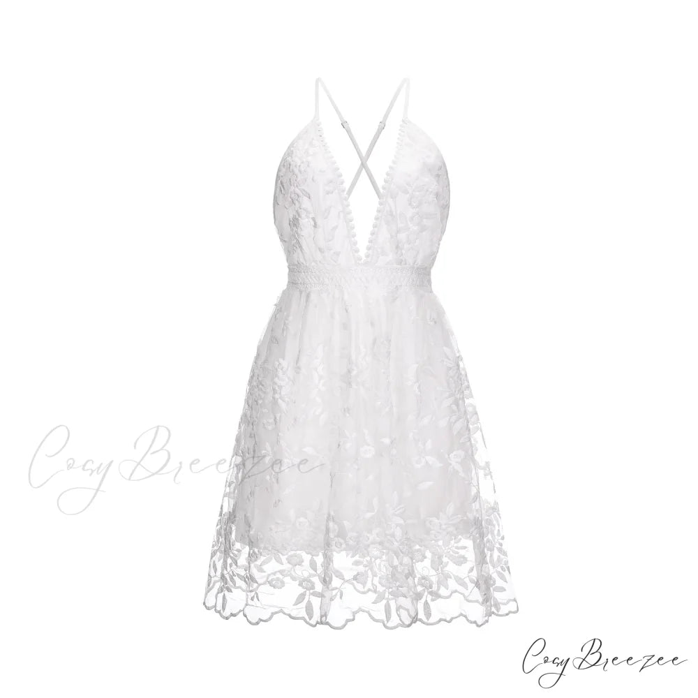 White Lace Backless V-neck Summer Beach Dress