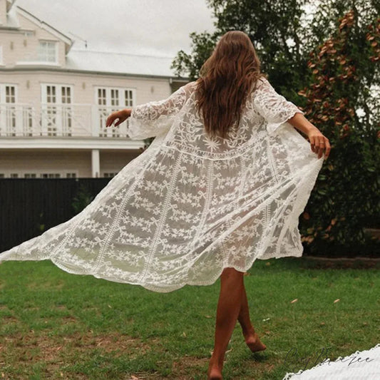 White Lace Cardigan Boho Bikini Cover Up Sheer WHITE / One Size bohocoverup-250126