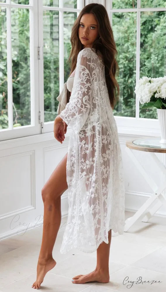 White Lace Cardigan Boho Bikini Cover Up Sheer WHITE / One Size bohocoverup-250126