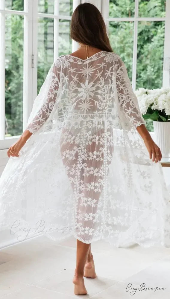 White Lace Cardigan Boho Bikini Cover Up Sheer WHITE / One Size bohocoverup-250126