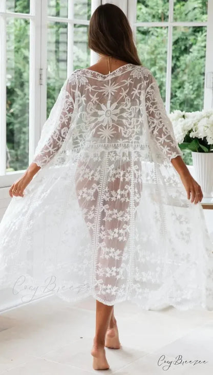 White Lace Cardigan Boho Bikini Cover Up Sheer WHITE / One Size bohocoverup-250126