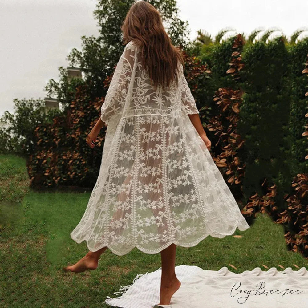 White Lace Cardigan Boho Bikini Cover Up Sheer WHITE / One Size bohocoverup-250126