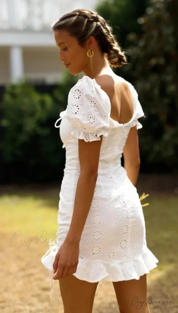 White Lace Cotton Short Sleeve Bodycon Mini Boho Dress bohodress-250126