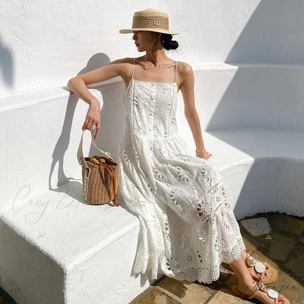 White Lace Dress Cotton Floral Embroidery Strap Sleeveless Women Summer Dress Beige / S bohodress-250126