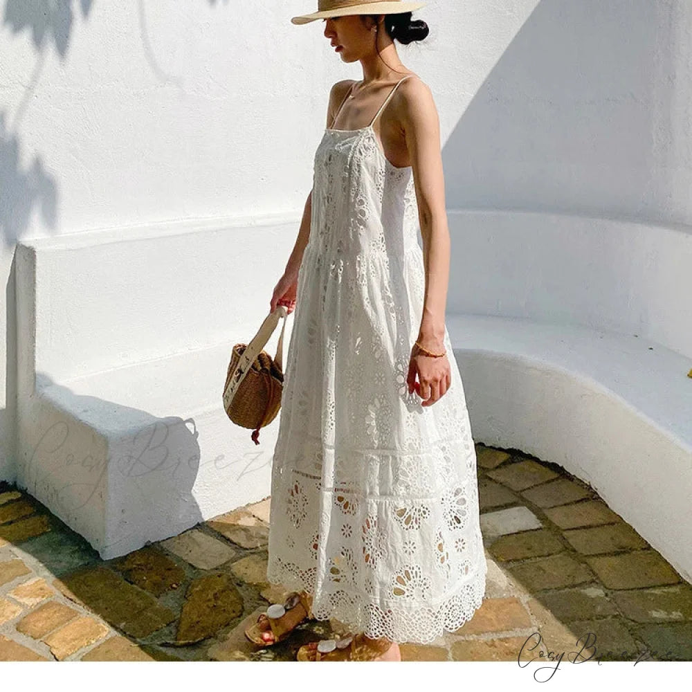 White Lace Dress Cotton Floral Embroidery Strap Sleeveless Women Summer Dress bohodress-250126