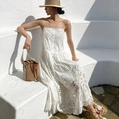 White Lace Dress Cotton Floral Embroidery Strap Sleeveless Women Summer Dress bohodress-250126