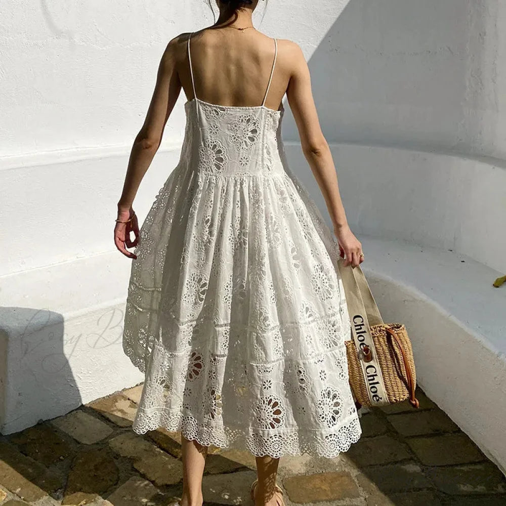White Lace Dress Cotton Floral Embroidery Strap Sleeveless Women Summer Dress bohodress-250126