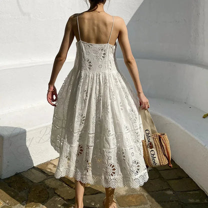 White Lace Dress Cotton Floral Embroidery Strap Sleeveless Women Summer Dress bohodress-250126