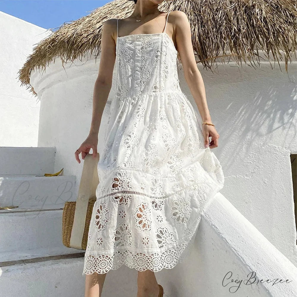 White Lace Dress Cotton Floral Embroidery Strap Sleeveless Women Summer Dress bohodress-250126