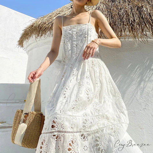 White Lace Dress Cotton Floral Embroidery Strap Sleeveless Women Summer Dress bohodress-250126
