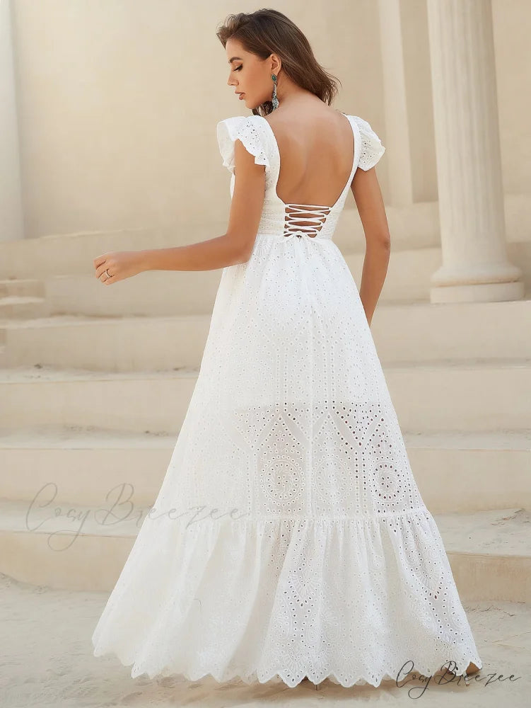 White Lace Dress with Backless Flounce Hem