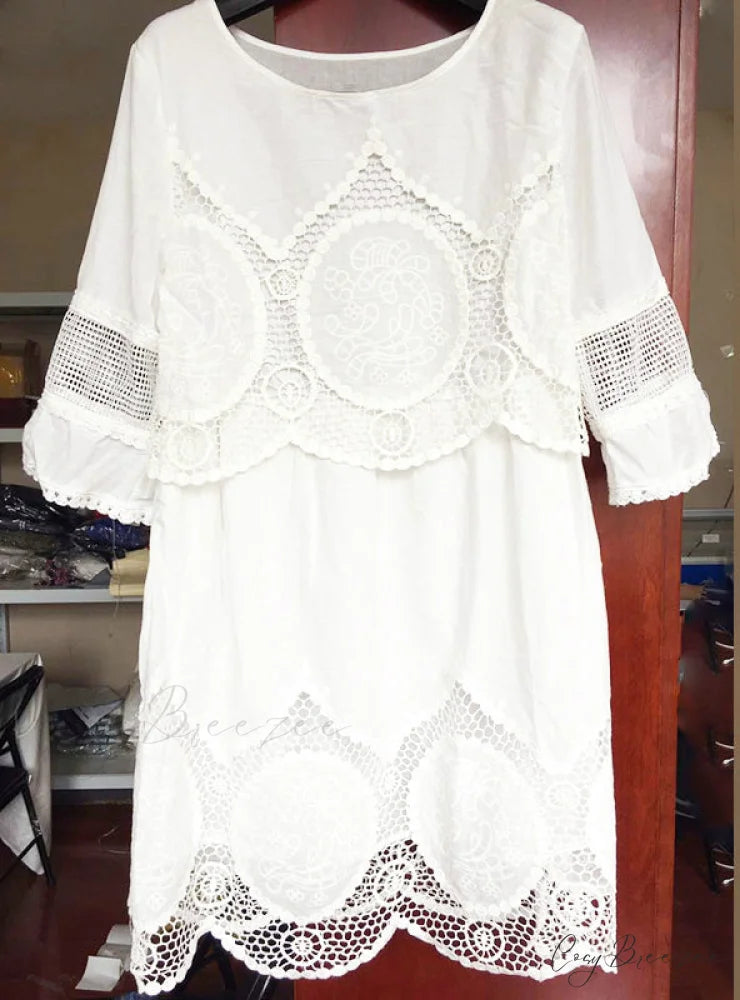 White Lace Dress with Half Sleeves and O-neck for Women