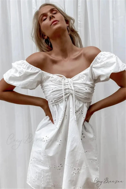 White Lace Embroidery V-neck Cotton Wrist Mini Boho Dress bohodress-250126