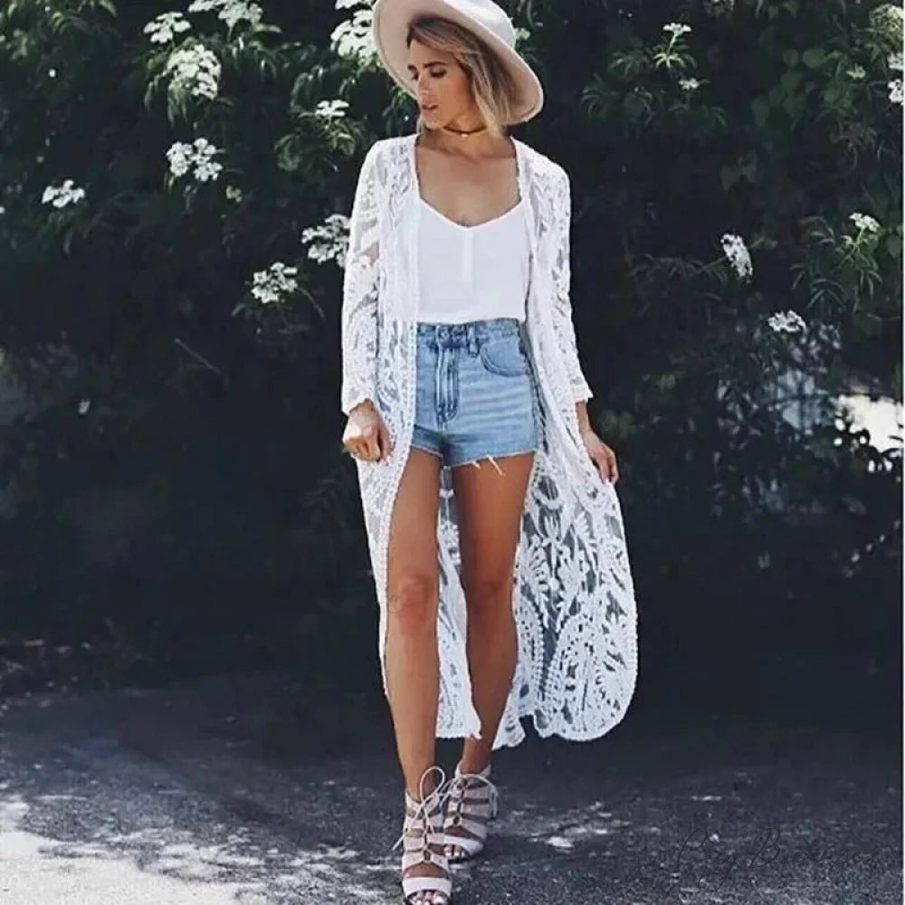 White Lace Floral Embroidery Boho Cover up WHITE / One Size bohocoverup-250126