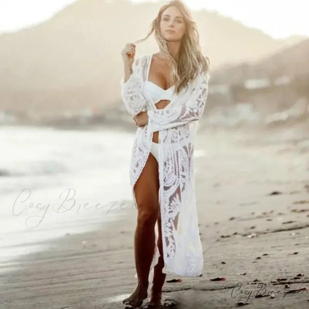 White Lace Floral Embroidery Boho Cover up WHITE / One Size bohocoverup-250126