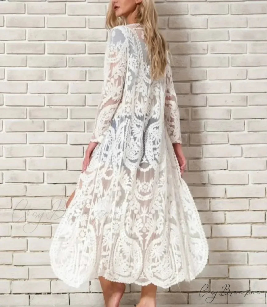 White Lace Floral Embroidery Boho Cover up WHITE / One Size bohocoverup-250126