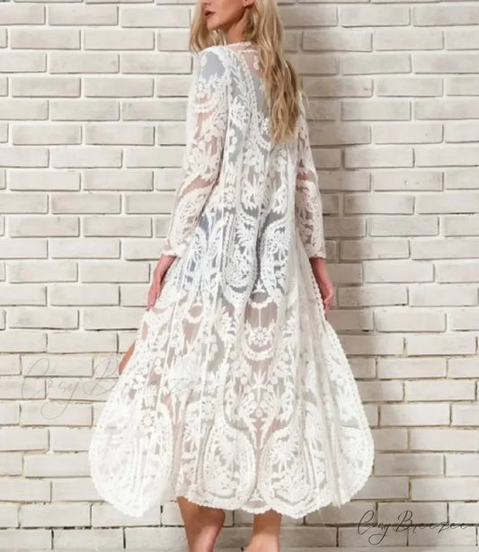 White Lace Floral Embroidery Boho Cover up WHITE / One Size bohocoverup-250126