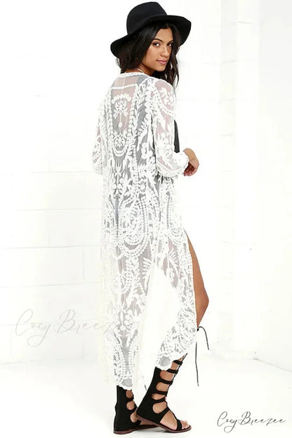White Lace Floral Embroidery Boho Cover up WHITE / One Size bohocoverup-250126
