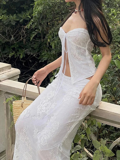 White Lace Floral Sleeveless Bandeau Wrap Dress floraldress-250126