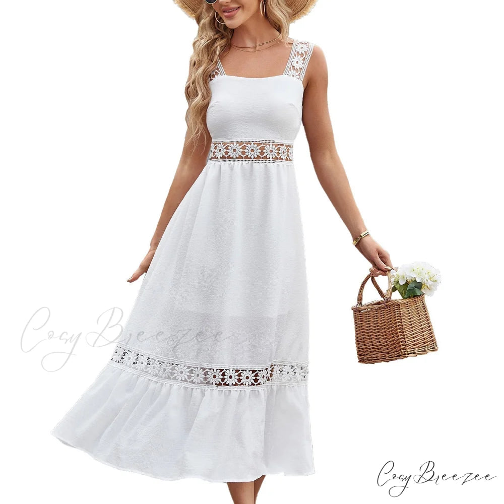 White Lace Insert Ruffle Hem Dress M / White