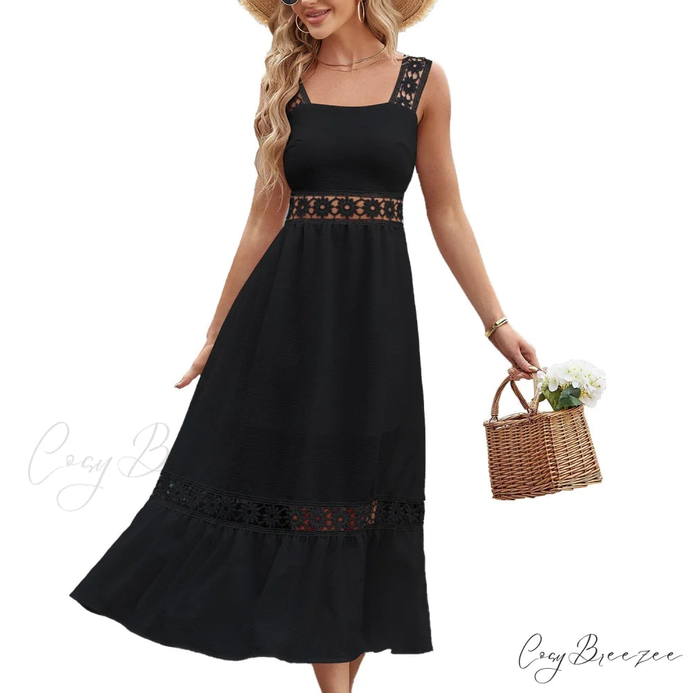 White Lace Insert Ruffle Hem Dress M / Black
