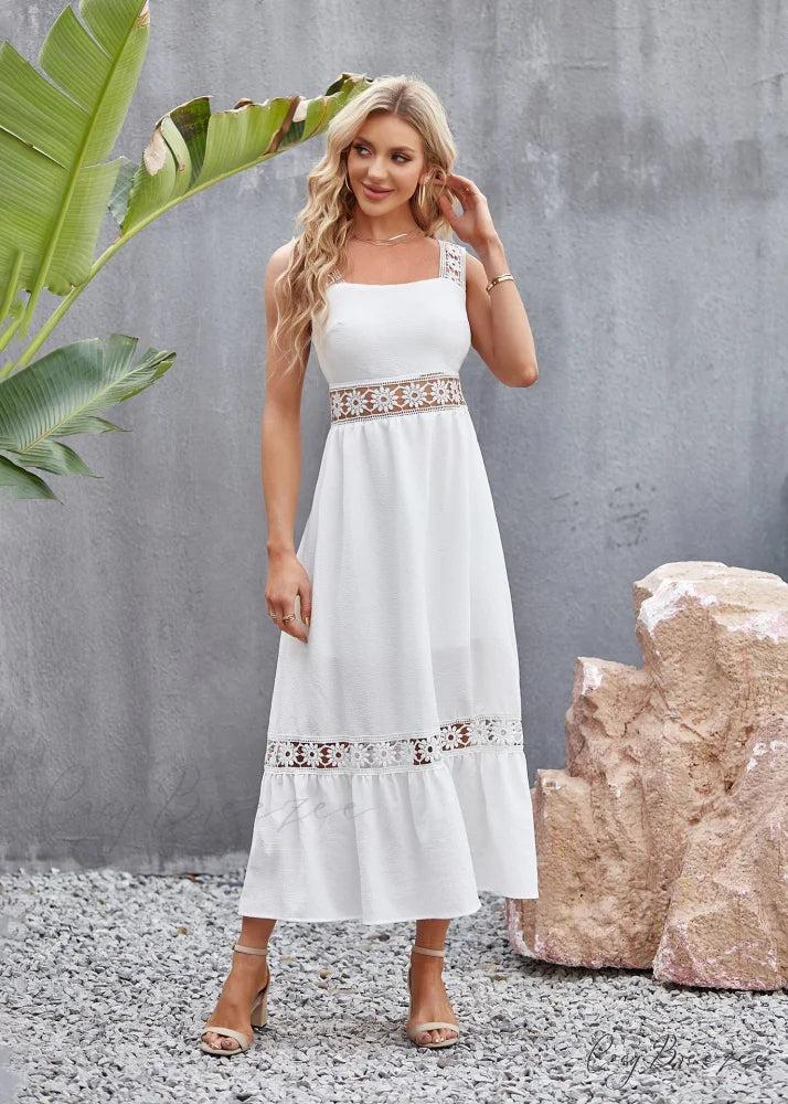 White Lace Insert Ruffle Hem Dress S / Black