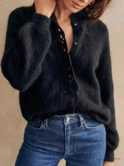 White Lace Lapel Cardigan Black / S cardigans-241228