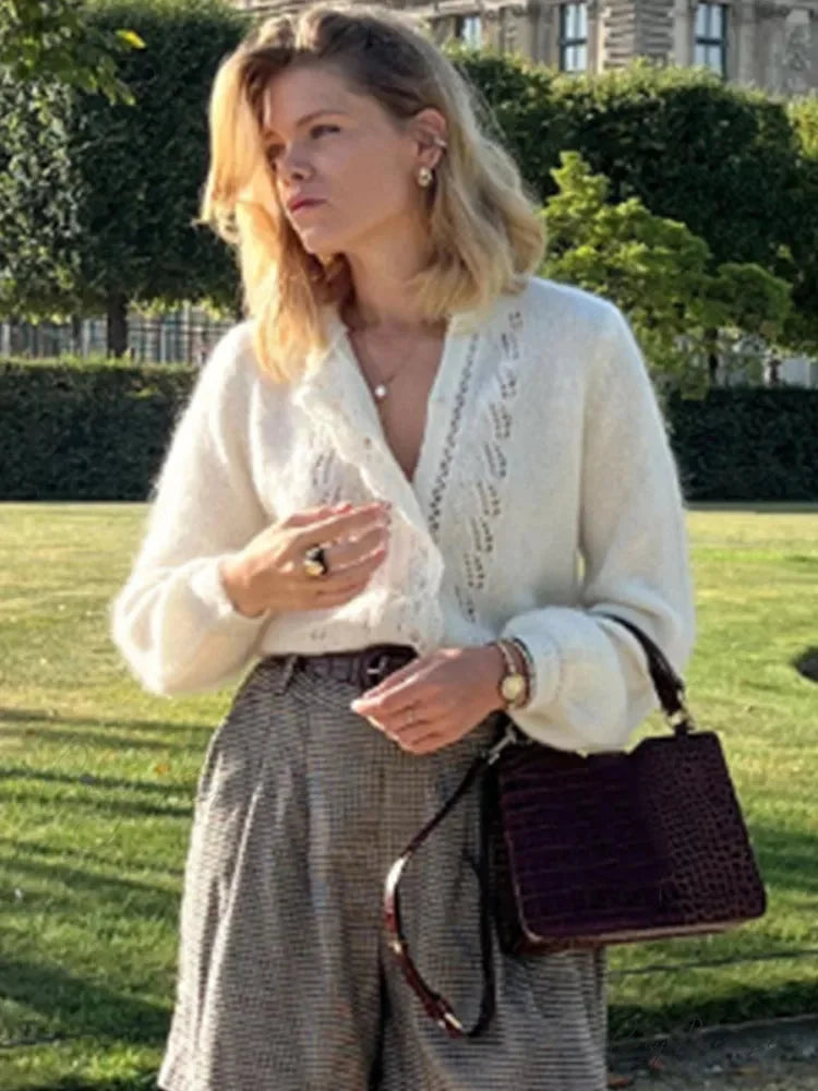 White Lace Lapel Cardigan White / S cardigans-241228