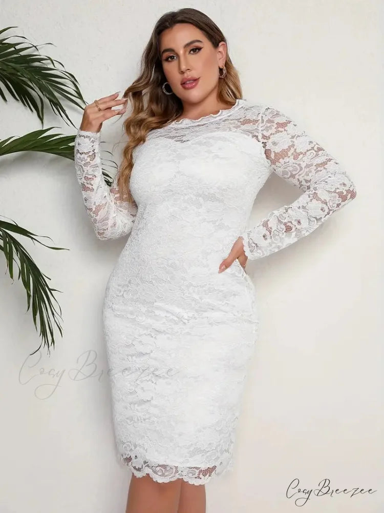 White Lace Long Sleeve Bodycon Dress - Plus Size 3XL / White
